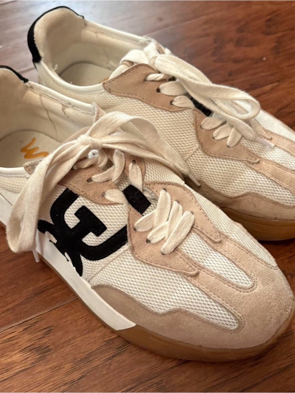 Sam Edelman White & Beige Suede Mesh Sneakers with Black Logo